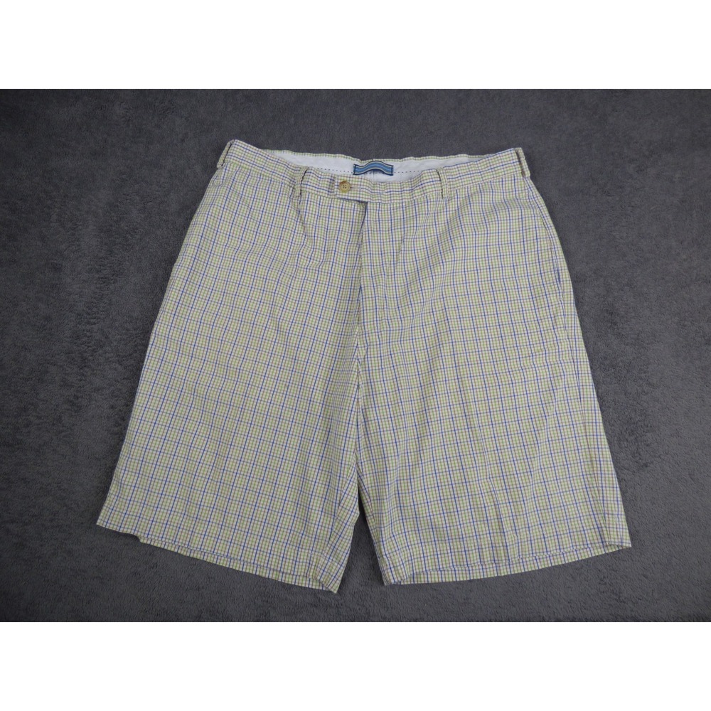 Peter Millar Mens 36 Pima Cotton Plaid Flat Front Golf Shorts Blue‎ Green Tan